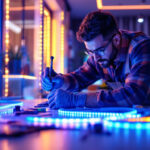 A photograph of a lighting contractor expertly installing led light strips in a modern space