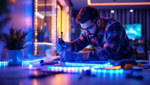 A photograph of a lighting contractor expertly installing led light strips in a modern space
