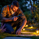 A photograph of a skilled lighting contractor installing motion sensor outdoor lights in a beautifully landscaped garden at dusk