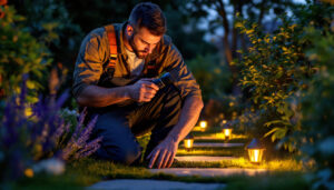 A photograph of a skilled lighting contractor installing motion sensor outdoor lights in a beautifully landscaped garden at dusk