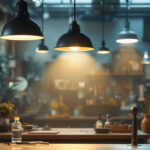 A photograph of a well-lit workshop or retail space showcasing various styles of shop lights in use