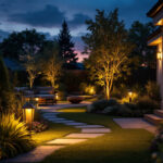 A photograph of a stylish outdoor lighting setup in a beautifully landscaped garden during twilight