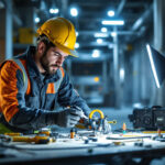A photograph of a lighting contractor using advanced tools and technology on a job site