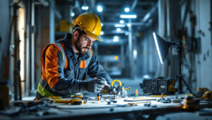 A photograph of a lighting contractor using advanced tools and technology on a job site