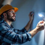 A photograph of a lighting contractor installing or adjusting a sensor light in a residential or commercial setting