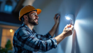 A photograph of a lighting contractor installing or adjusting a sensor light in a residential or commercial setting