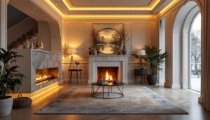 A photograph of a beautifully designed room featuring elegant cove lighting that highlights architectural details