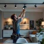 A photograph of a lighting contractor expertly installing a track lighting system in a stylish apartment setting