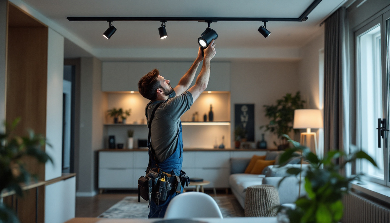 A photograph of a lighting contractor expertly installing a track lighting system in a stylish apartment setting
