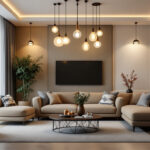 A photograph of a beautifully designed living room featuring a variety of ceiling light fixtures
