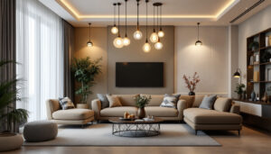 A photograph of a beautifully designed living room featuring a variety of ceiling light fixtures