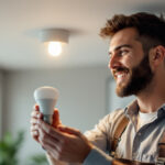 A photograph of a lighting contractor installing recessed light bulbs in a modern home setting