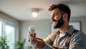 A photograph of a lighting contractor installing recessed light bulbs in a modern home setting