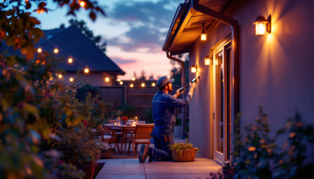 A photograph of a well-lit outdoor space showcasing solar outdoor lights in use