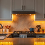 A photograph of a beautifully designed kitchen showcasing various styles of under cabinet lighting