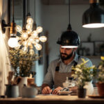 A photograph of a skilled lighting contractor in action