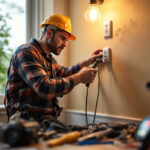 A photograph of a lighting contractor working on a 120v outlet installation