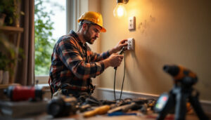 A photograph of a lighting contractor working on a 120v outlet installation
