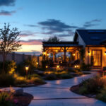 A photograph of a beautifully landscaped outdoor space illuminated by various styles of solar lights