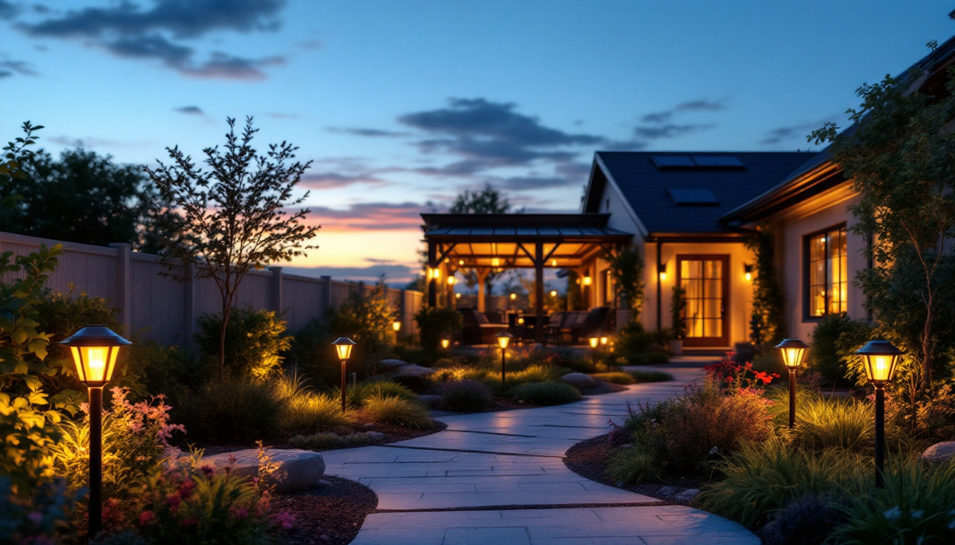 A photograph of a beautifully landscaped outdoor space illuminated by various styles of solar lights