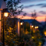 A photograph of a beautifully designed outdoor lighting installation at dusk