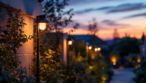 A photograph of a beautifully designed outdoor lighting installation at dusk