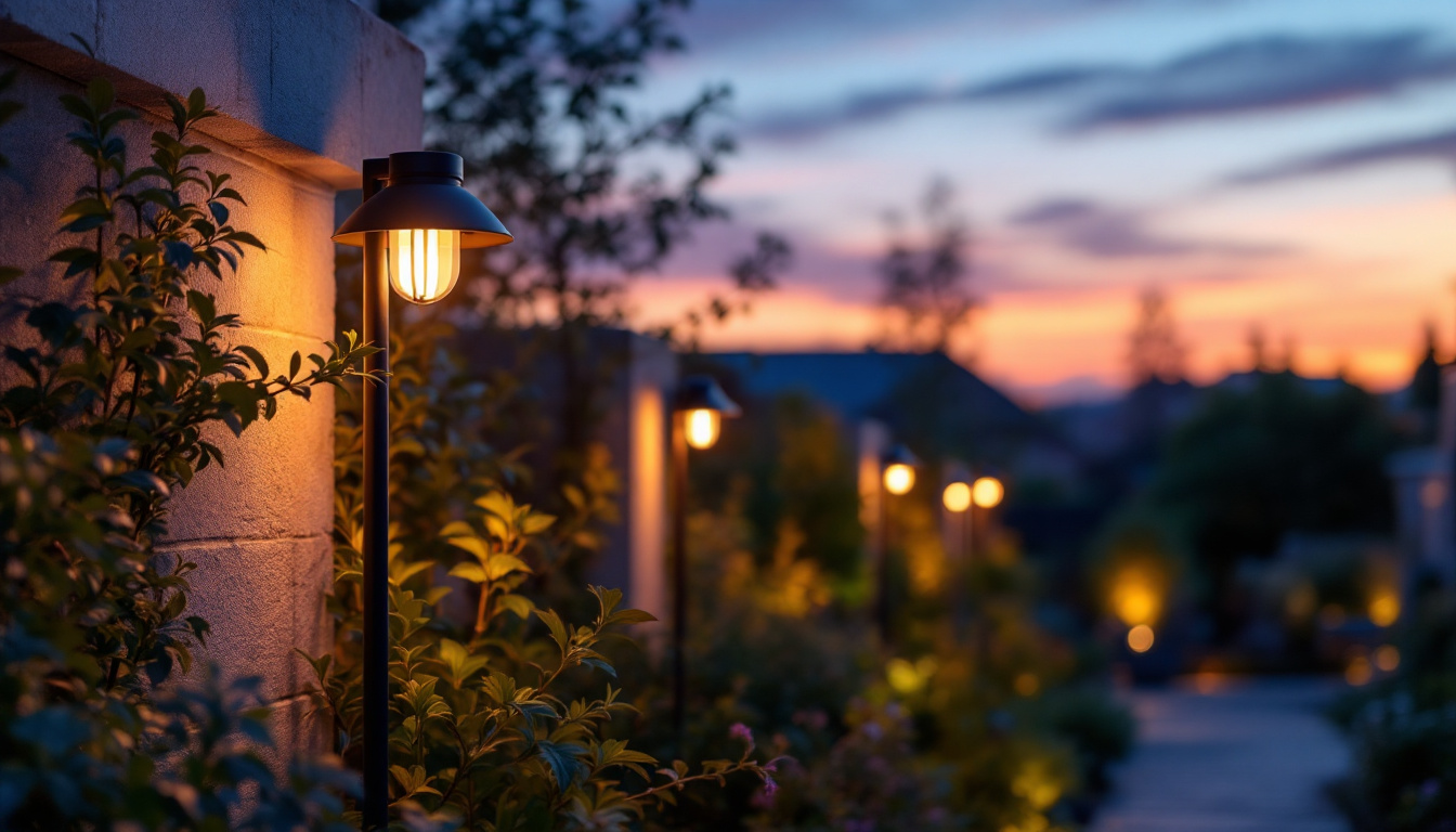 A photograph of a beautifully designed outdoor lighting installation at dusk