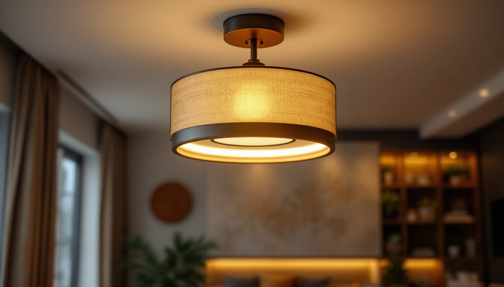 A photograph of a beautifully designed ceiling light fixture in a stylish interior setting
