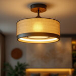 A photograph of a beautifully designed ceiling light fixture in a stylish interior setting