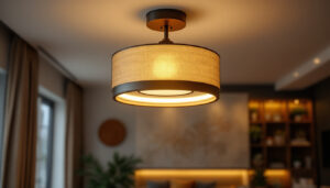 A photograph of a beautifully designed ceiling light fixture in a stylish interior setting