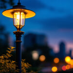 A photograph of a beautifully illuminated lamp post at dusk