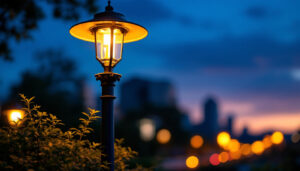 A photograph of a beautifully illuminated lamp post at dusk