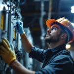 A photograph of a lighting contractor skillfully installing or inspecting an electrical ballast in a commercial or industrial setting