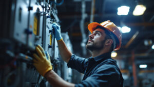 A photograph of a lighting contractor skillfully installing or inspecting an electrical ballast in a commercial or industrial setting