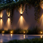 A photograph of a beautifully illuminated outdoor wall adorned with stylish wall lights
