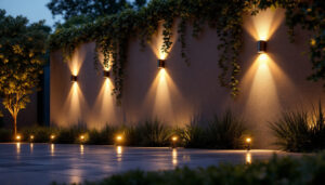 A photograph of a beautifully illuminated outdoor wall adorned with stylish wall lights