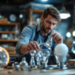 A photograph of a lighting contractor inspecting various types of light bulbs in a well-lit workshop