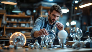 A photograph of a lighting contractor inspecting various types of light bulbs in a well-lit workshop