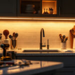 A photograph of a beautifully illuminated kitchen countertop featuring under-cabinet lighting