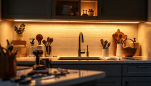 A photograph of a beautifully illuminated kitchen countertop featuring under-cabinet lighting