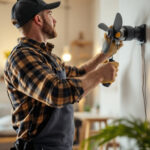 A photograph of a well-lit workspace showcasing an electrician or contractor efficiently installing a fan-in sale lighting fixture