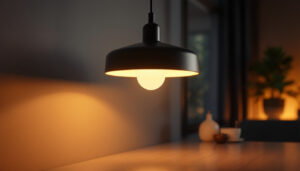 A photograph of a modern lighting fixture in a stylish interior setting