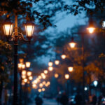 A photograph of a well-lit urban street scene featuring a variety of lamp posts in different styles and designs