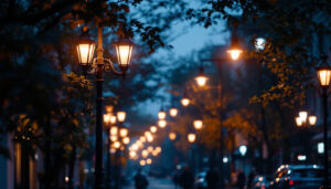 A photograph of a well-lit urban street scene featuring a variety of lamp posts in different styles and designs