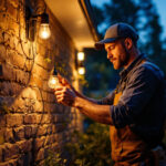 A photograph of a skilled lighting contractor expertly installing led outdoor lights in a beautifully landscaped yard during twilight