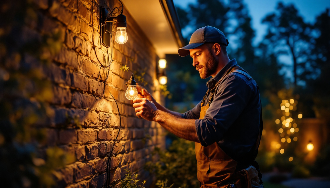 A photograph of a skilled lighting contractor expertly installing led outdoor lights in a beautifully landscaped yard during twilight