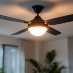 A photograph of a stylish ceiling fan with an integrated light fixture