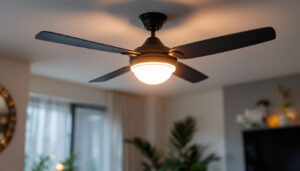 A photograph of a stylish ceiling fan with an integrated light fixture