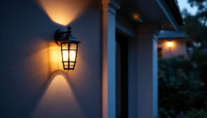 A photograph of a beautifully designed exterior wall lantern installed on a home