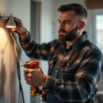 A photograph of a skilled lighting contractor demonstrating the installation of a 3-way switch in a well-lit home environment